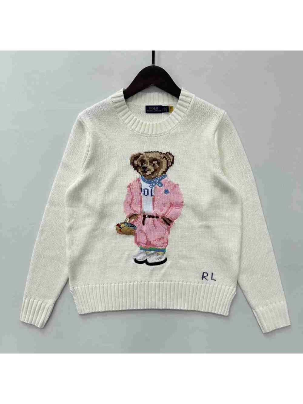 Polo by Ralph Lauren White Crewneck Sweater with Pink Bear Intarsia